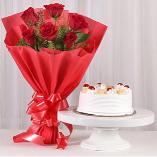 6 Kırmızı gül ve 4 kişilik yaş pasta  Antalya Asya çiçek , çiçekçi , çiçekçilik 
