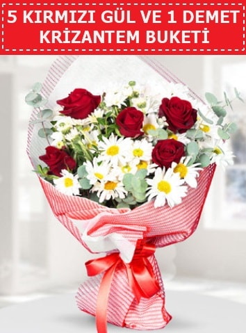 5 adet kırmızı gül ve krizantem buketi  Antalya Asya çiçek satışı 