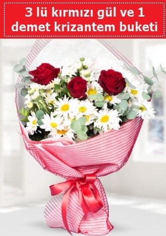3 adet kırmızı gül ve krizantem buketi  Antalya Asya çiçek gönderme sitemiz güvenlidir 